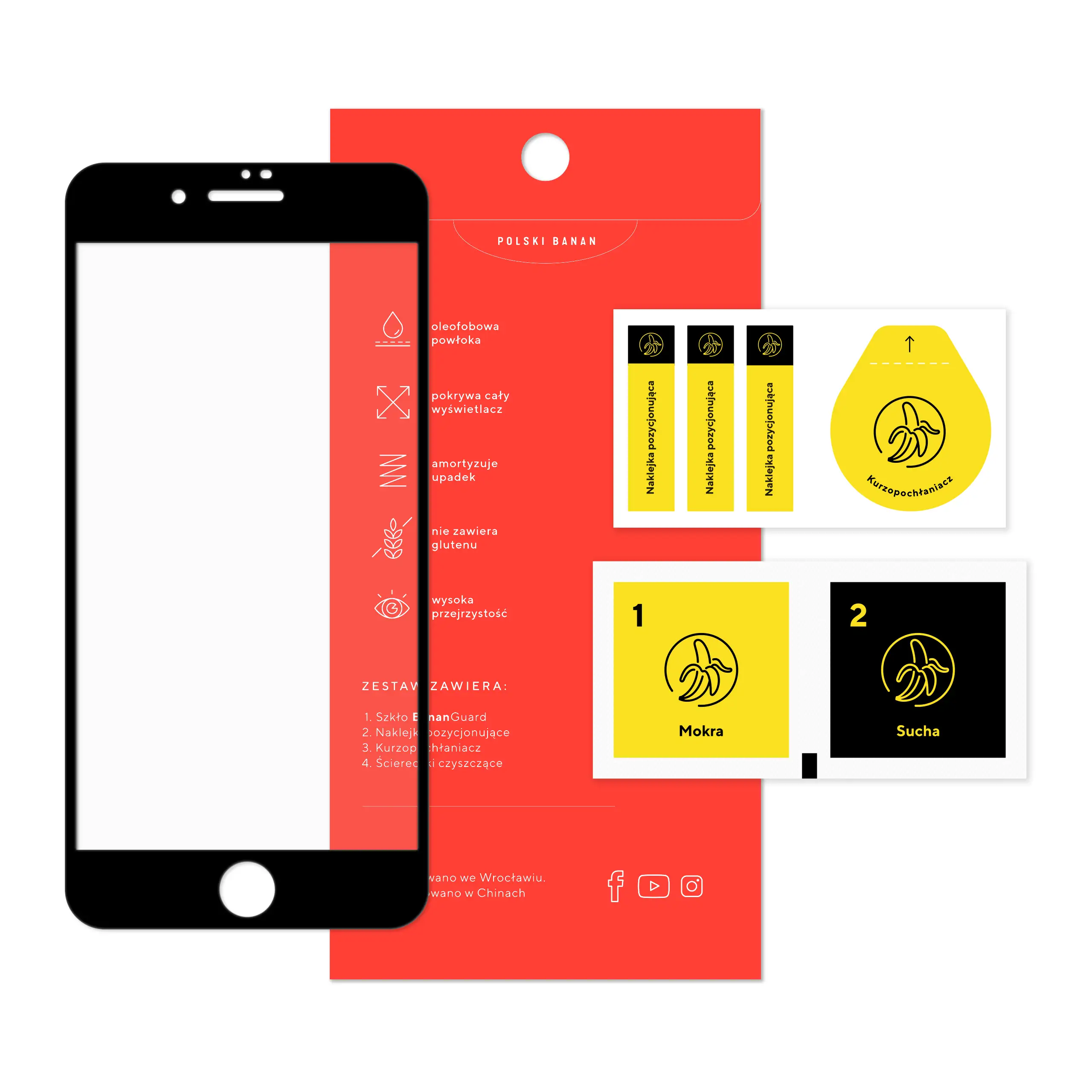 Zawartość zestawu szkła hartowanego 3D Polski Banan BananGuard w kolorze czarnym do telefonu Apple iPhone 7 PLUS / 8 PLUS